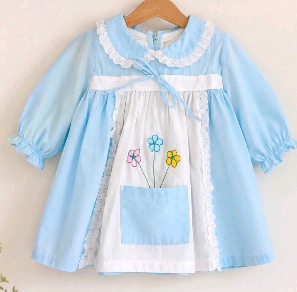 Vtg Sears Baby Dress Aqua Blue White Apron Applique Flowers Lace 18-24 Mos M